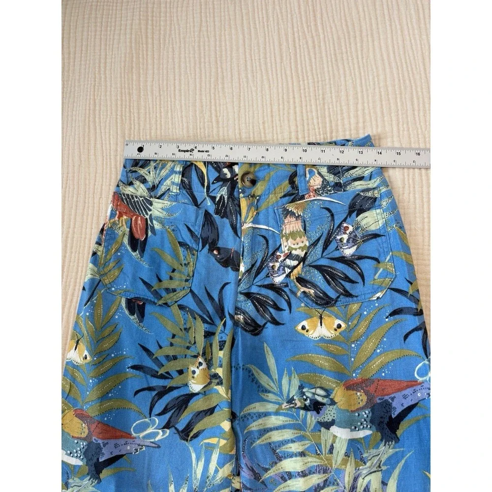 Anthropologie Maeve‎ Colette Pants Wide-Leg Linen Blue Tropical Print Size 4P